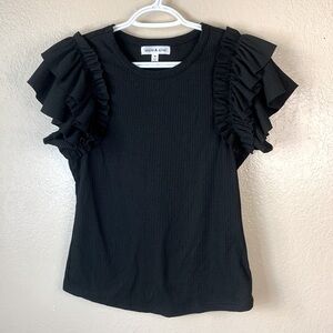 Stem & Vine Black Ruffle Ribbed Sleeveless Top Size M